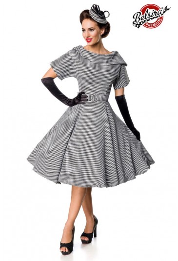 Vkusné retro pepitkové šaty so širokou sukňou