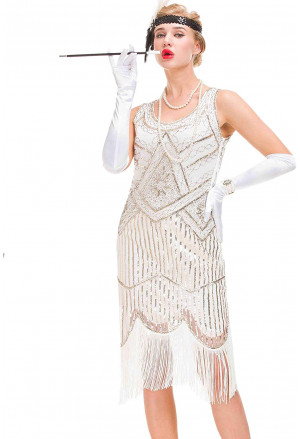 Krásne bielo zlaté art deco Gatsby spoločenské šaty